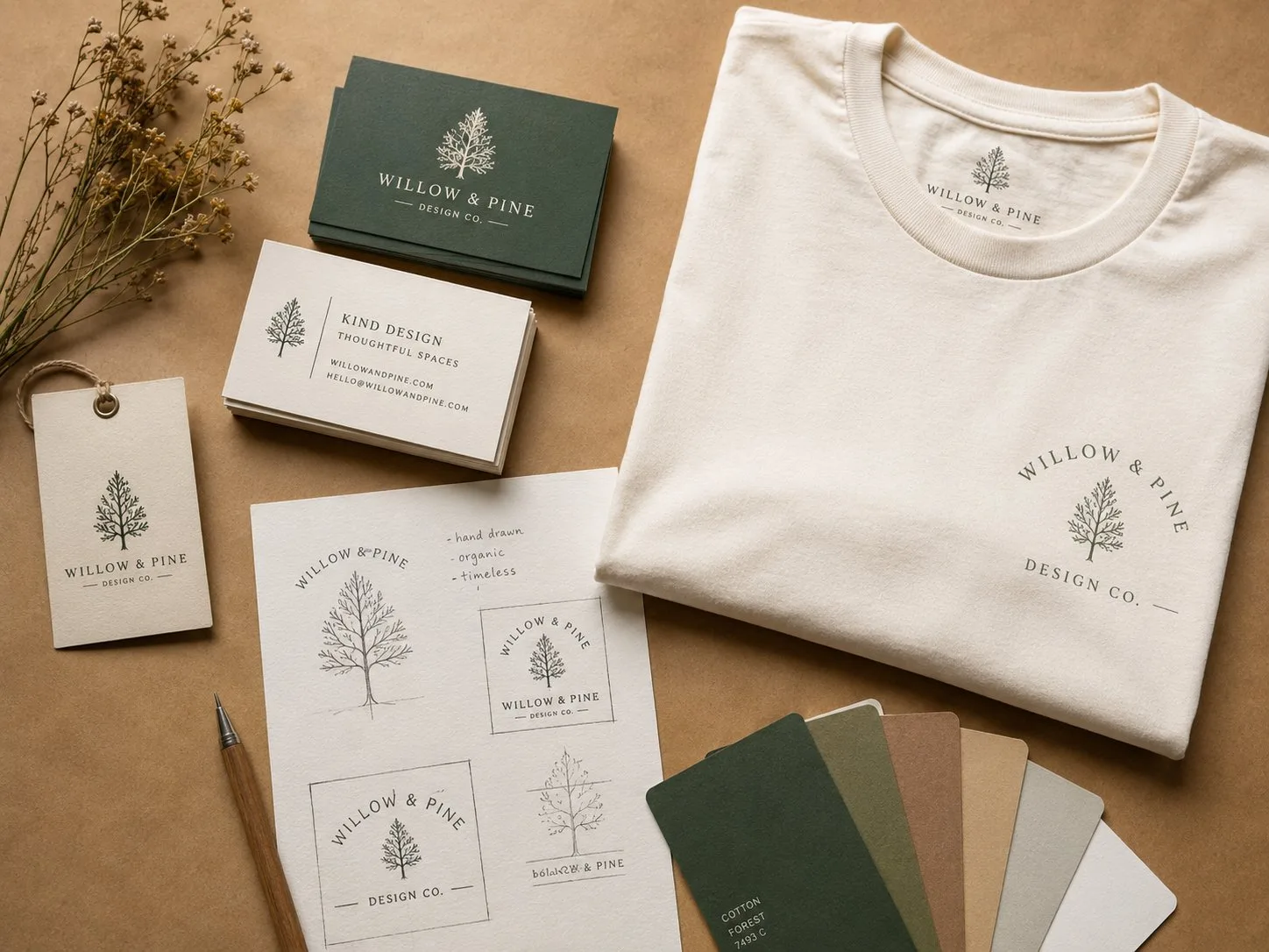 Small business branding materials with custom t-shirt and business cards