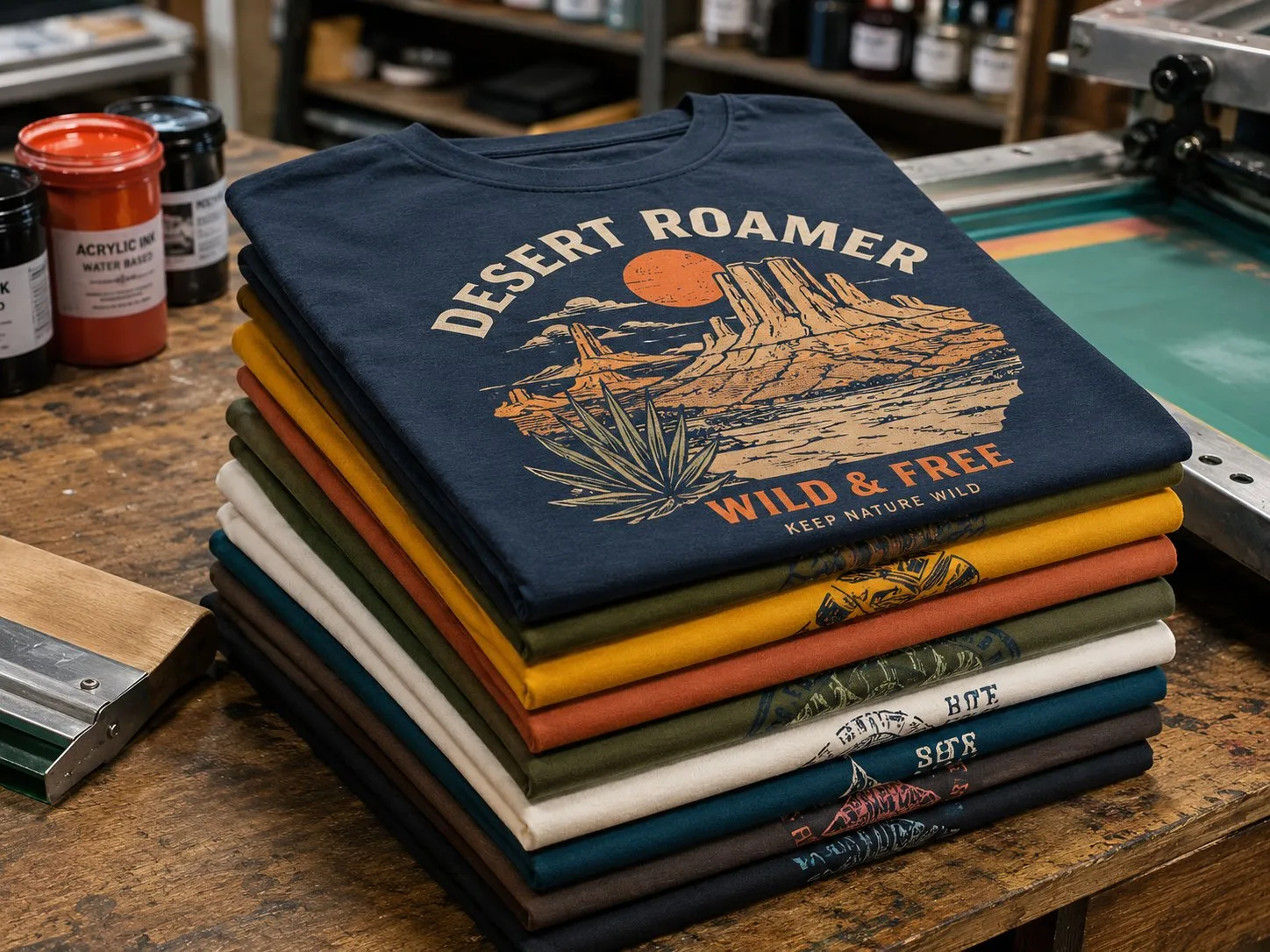 Stack of custom screen-printed t-shirts in print shop