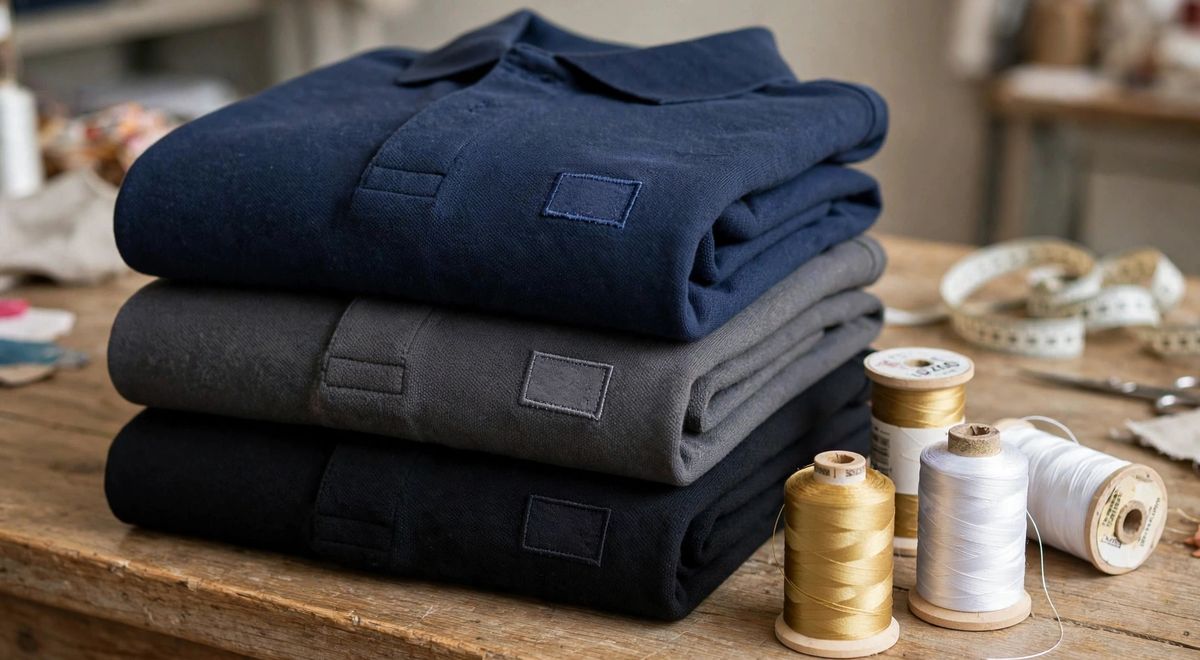 Folded navy, charcoal, and black staff polos with gold and white embroidery thread on a shop counter