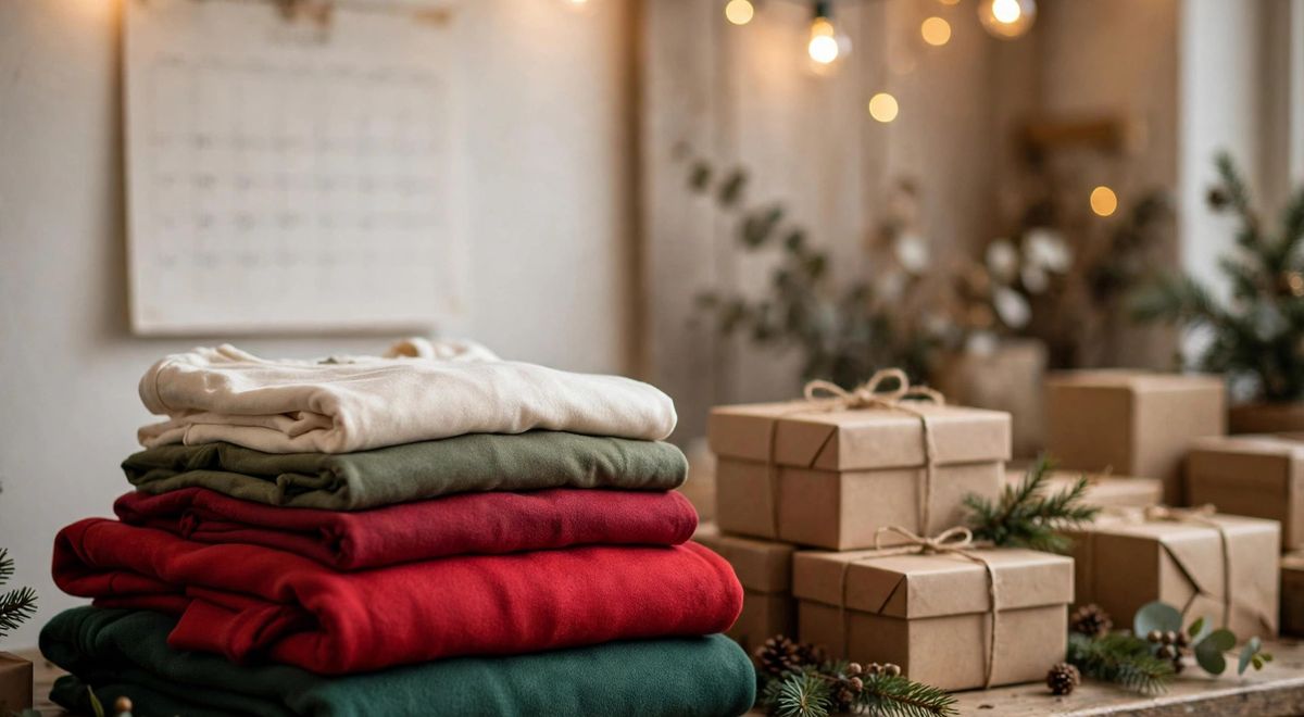 Stack of holiday-colored sweatshirts and tees beside kraft gift boxes, with a blank wall calendar and string lights behind