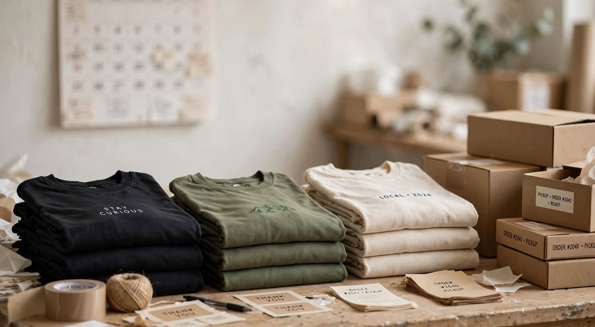 Folded stacks of finished custom tees beside labeled pickup boxes on a shop packing table