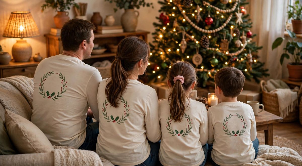 Family of four by a decorated tree in matching cream long-sleeve tees with a holly wreath graphic on the back