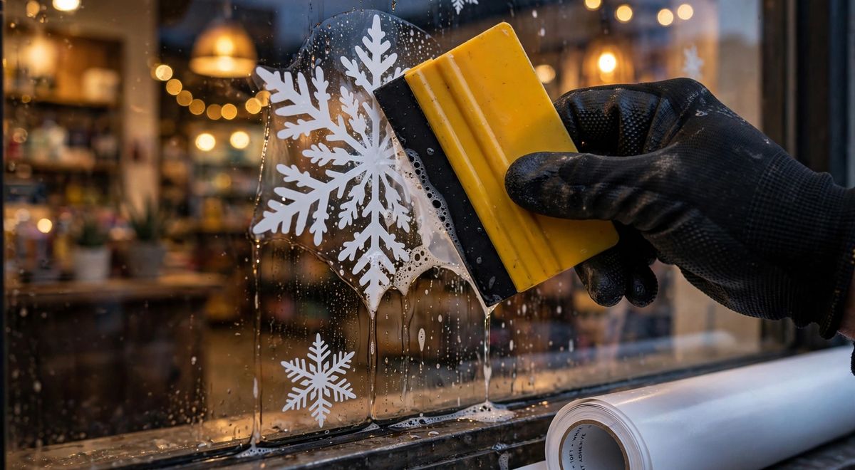 Installer squeegeeing white snowflake vinyl decals onto a storefront window at dusk
