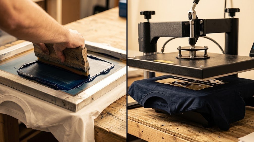Screen printing press in operation
