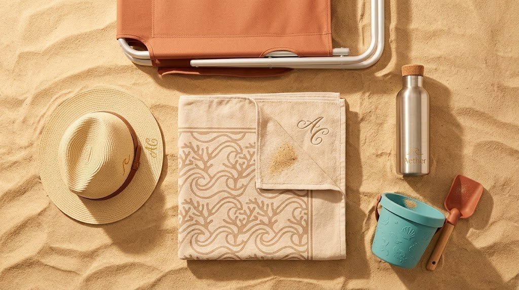 Custom beach towels, chairs, and buckets on the sand